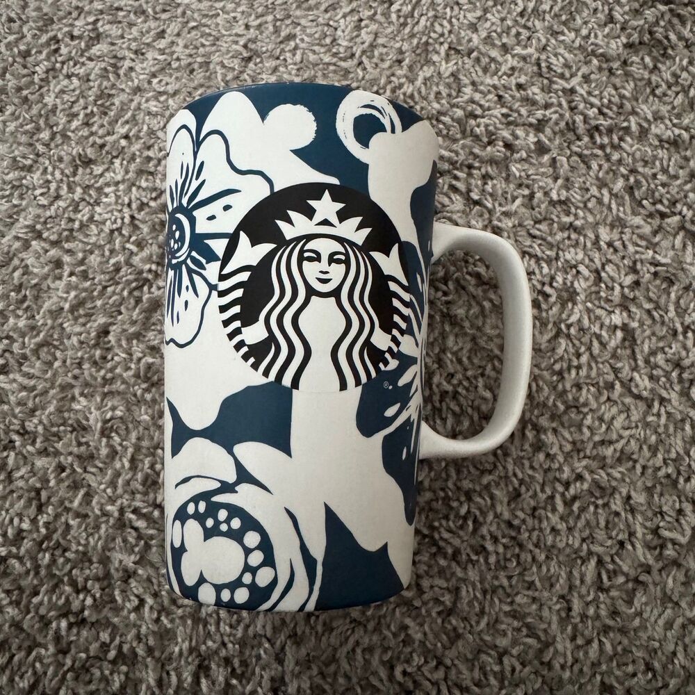 Starbucks Coffee Mug 16oz Blue White 2015 Aloha Matte Hibiscus Floral Siren Logo - Picture 2 of 6